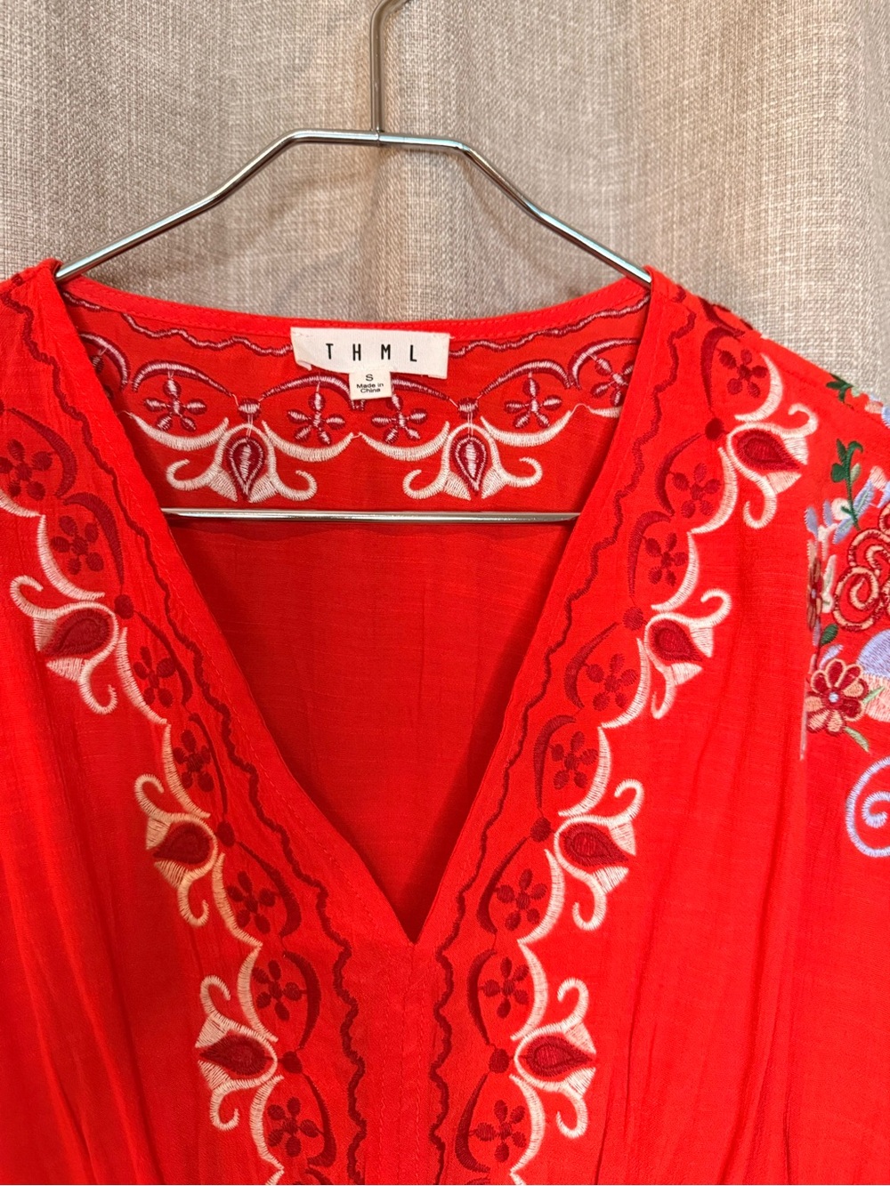 THML Embroidered Boho Peasant Mini Dress Red Floral V-Neck Size S - Picture 5 of 7